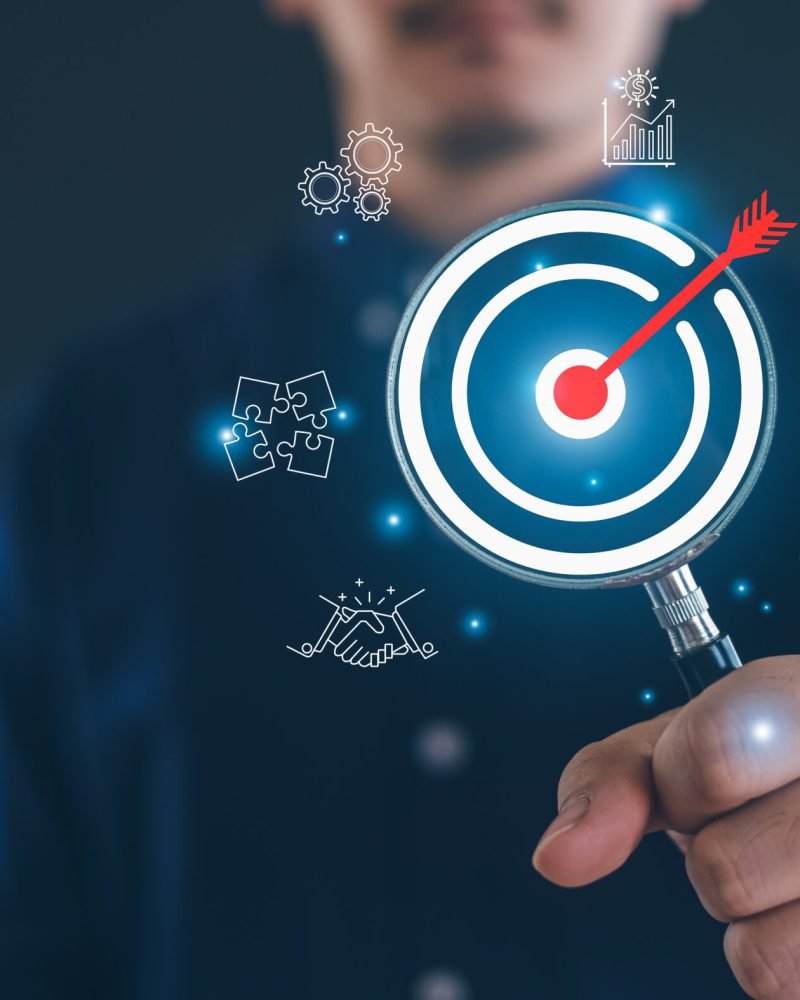 Businessman focusing on target goal icon, corporate development, global business leadership, strategy, prospects, goals, Target,  strategies for success.